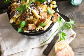 Ziti with Portobello Mushrooms, Caramelized Onions, and Goat Cheese