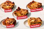 Five lasagna slices labeled boiled uncooked ovenready soaked and parboiled each on separate plates for comparison