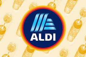 Aldi logo overlaid on an abstract background featuring repeated designs of wine bottles and filled glasses