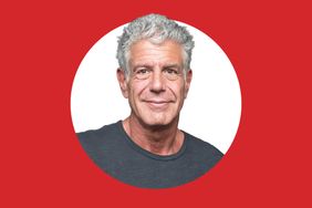 Anthony Bourdain in a circular frame on a red background