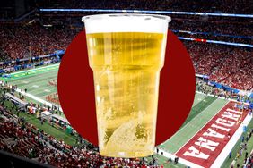 A large cup of beer overlaid on an image of a football stadium with fans and teams visible