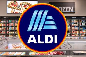 Aldi logo displayed in a freezer aisle with frozen meals on shelves