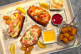 The Connecticut (Warm Buttered), Maine (Cold Lobster Salad, Lightly Dressed), and Tropical (Cold Lobster Salad with Mango-Avocado Salad, Cilantro, Scallions, Lime) lobster rolls at Saybrook Point Resort & Marina. 