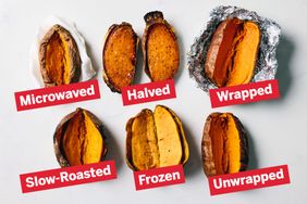 Various methods of cooking sweet potatoes labeled as microwaved halved wrapped slowroasted frozen and unwrapped