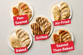 Five plates of chicken breast prepared using different cooking methods including panseared grilled baked airfried and seared then baked