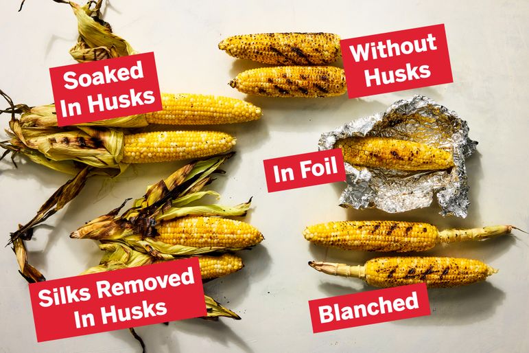 Four types of grilled corn preparation labeled with methods including soaked in husks silks removed in foil and blanched