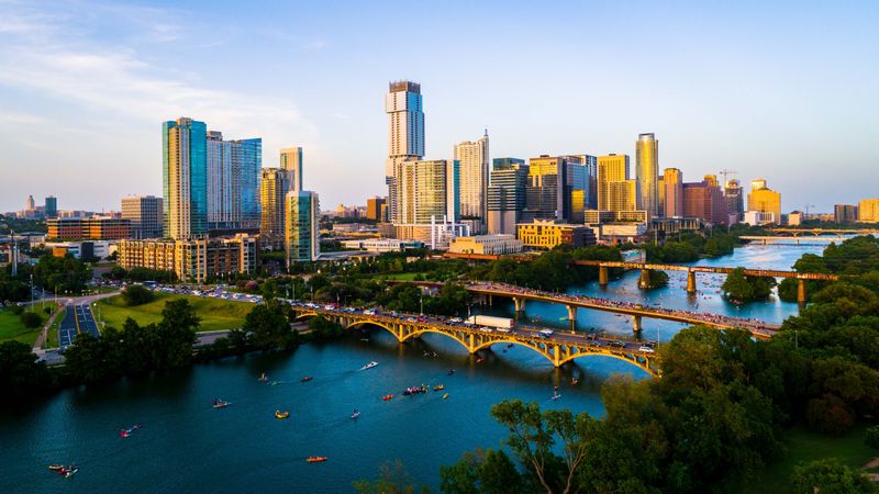 A drone view at golden hour above Austin, Texas.