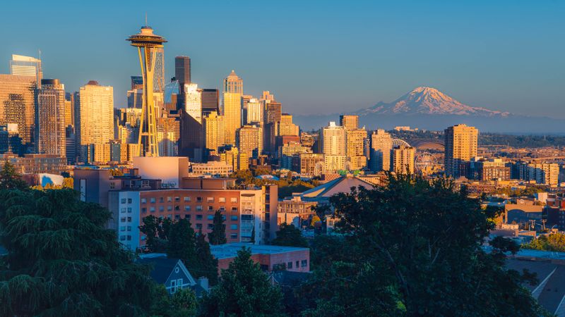 Seattle with Mt Rainier in the background.