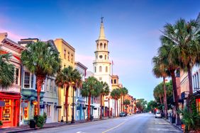 Charleston, South Carolina, USA cityscape in the historic district at twilight.