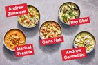 Bowls of seafood chowder associated with chefs Andrew Zimmern Roy Choi Maricel Presilla Carla Hall and Andrew Carmellini