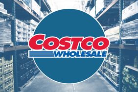 Costco logo overlaid on a warehouse aisle with shelves of products