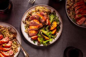 Crispy Duck Breast, Duck Dirty Rice, Peach Salad