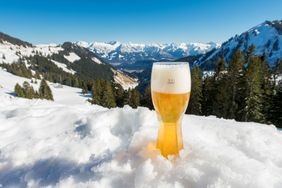 Bavarian wheat beer in a winter landscape.