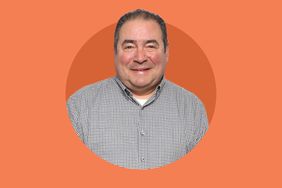 Emeril Lagasse smiling against an orange background