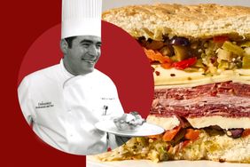 Emeril Lagasse in chef attire next to a muffuletta sandwich