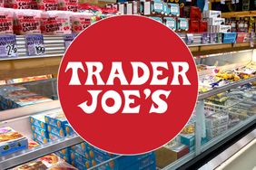 Trader Joes logo overlaid on an image of a store freezer section