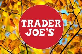Trader Joes logo in front of a background of autumn leaves