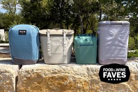 four backpack coolers on a ledge