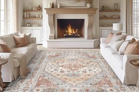 Living room with furniture and a rug in front of a fireplace