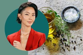 Kristen Kish overlayed with a foodrelated background featuring salt and herbs