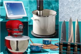 Collage featuring a smart device a stand mixer cooking pots a sous vide tool in a pot and kitchen knives