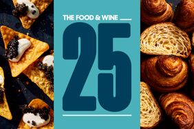 Collage with tortilla chips and caviar text The Food Wine 25 and croissants