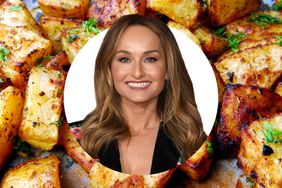 Giada De Laurentiis overlayed on a backdrop of roasted potatoes
