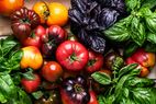 Assorted tomatoes and basil leaves displayed together