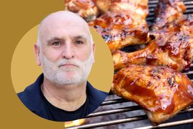 Jos Andrs next to grilled meat coated in sauce