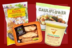 Trader Joe's products on a red bordered background.