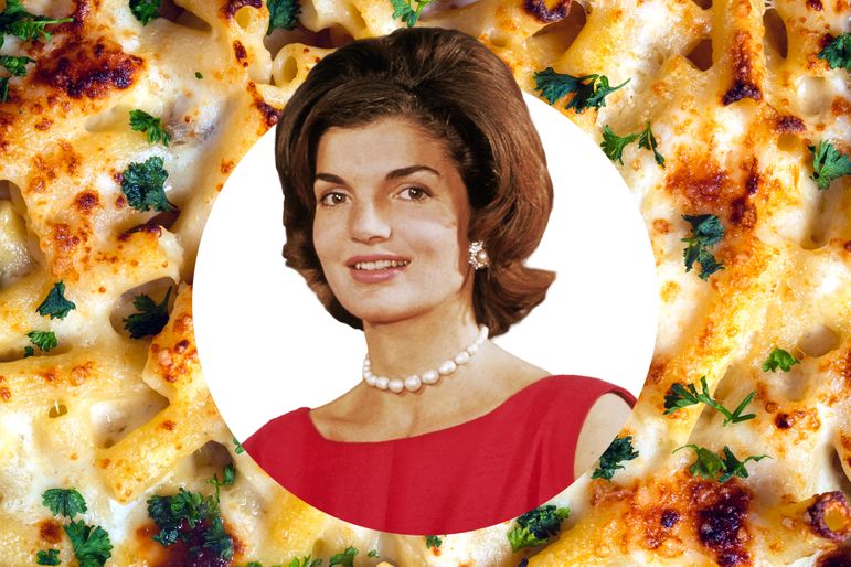 Jacqueline Kennedy Onassis with a casserole dish background