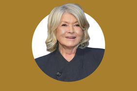 Martha Stewart smiling wearing a dark outfit set against a white circle on a solid background