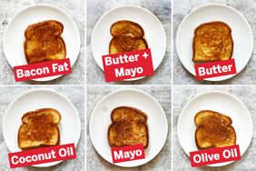 Six plates each with a grilled cheese labeled with different cooking methods Bacon Fat Butter Mayo Butter Coconut Oil Mayo Olive Oil