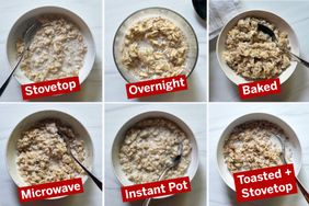 Six bowls of oatmeal prepared using different methods labeled stovetop overnight baked microwave instant pot and toasted stovetop