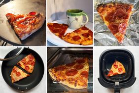 Various methods for reheating pizza shown in individual panels displaying different results