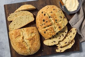 Irish Soda Bread on a wooden cutting board.