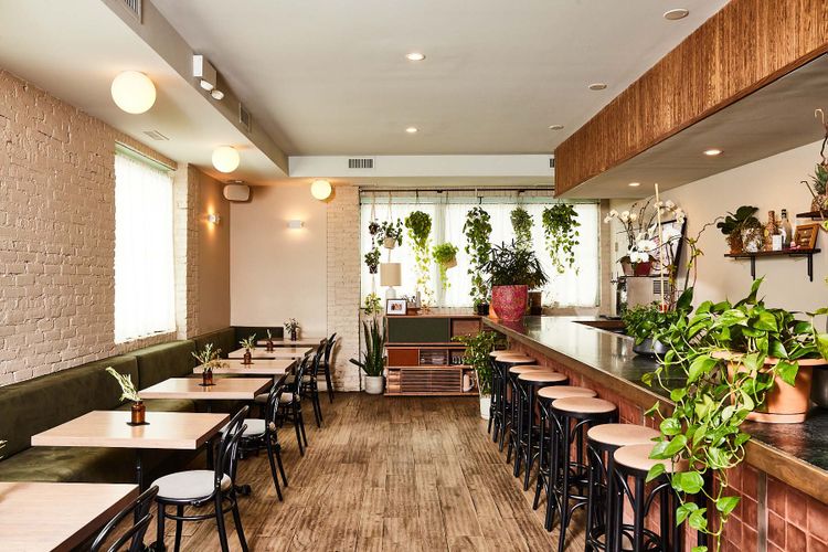 A restaurant interior with tables on the left bar stools on the right and plants decorating the space
