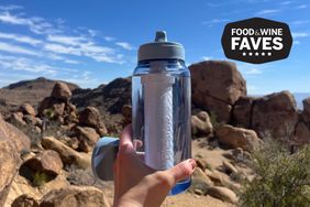 holding Lifestraw Go Series 22 Ounce Water Bottle in front of rocky landscape