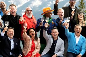 Andrew Zimmern, Tyler Florence, Maneet Chauhan, Marcus Samuelsson, and Channing Frye cheering outdoors