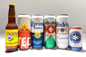 Six brands of Mexican lagers displayed including Pacifico Tecate Corona Extra Dos Equis Modelo Especial and Estrella Jalisco