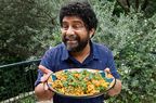 Chef Meherwan Irani sharing a plate of aloo gobi matar that his mother made for lunch.