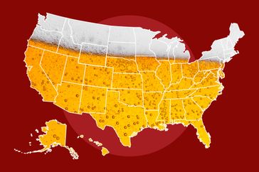 A US map design filled with an illustration of beer and foam overlaying the states