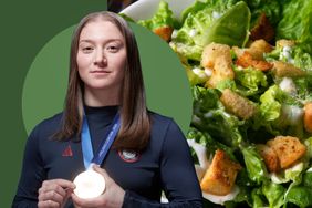 Olympian hockey player, Aerin Frankel and a Caesar salad on a green background. 