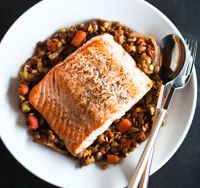 Roasted Salmon with Lentils and Bacon