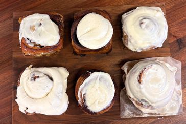 Various cinnamon buns from New York City bakeries.