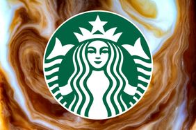 Starbucks logo over a swirled coffee background
