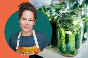 Chef Stephanie Izard in a photo composite with jars of pickles. 