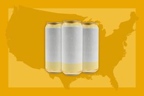 Three cans of beer over an orange and yellow background of a map of the United States.