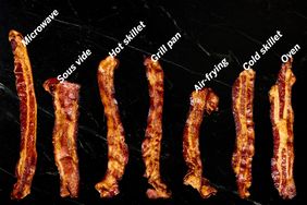 Seven strips of cooked bacon labeled with their cooking methods Microwave Sous vide Hot skillet Grill pan Airfrying Cold skillet Oven