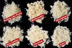 Piles of cooked rice labeled by preparation method Boiling Like Pasta Multicooker Microwave Rice Cooker Stovetop Oven